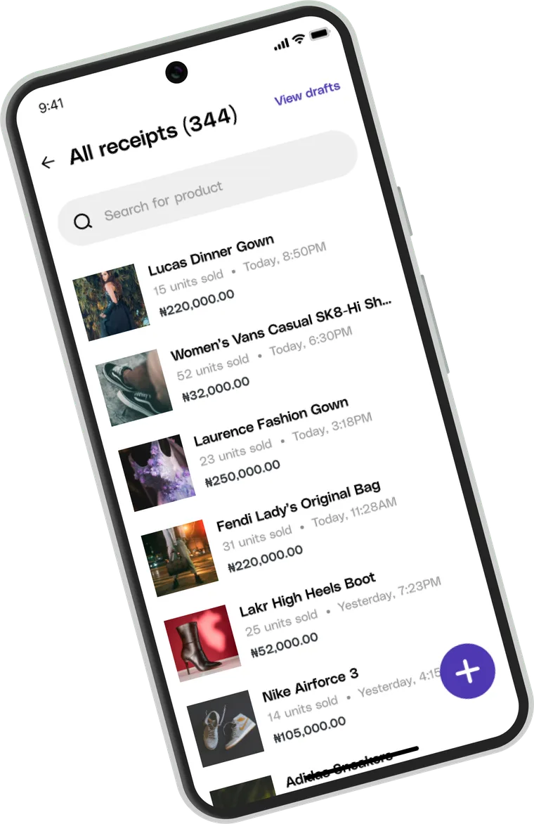 Payvidence receipts screen listing all receipts with amounts and timestamps